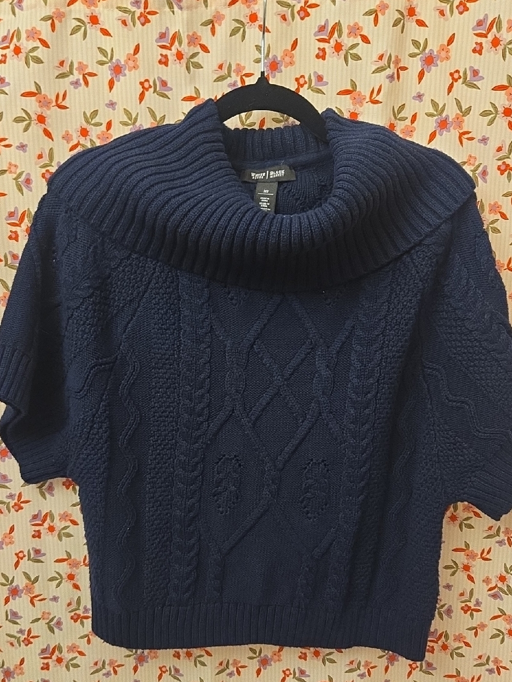 White House Black Market Navy Cable Knit Short Sleeve Turtleneck Sweater